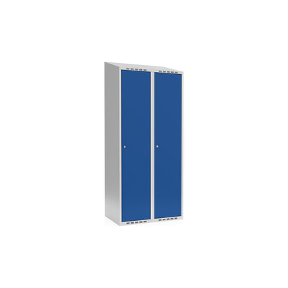 Fydor locker, 2 compartments, light grey / gentian blue, W 800 mm, sloping roof shape, cylinder lock.