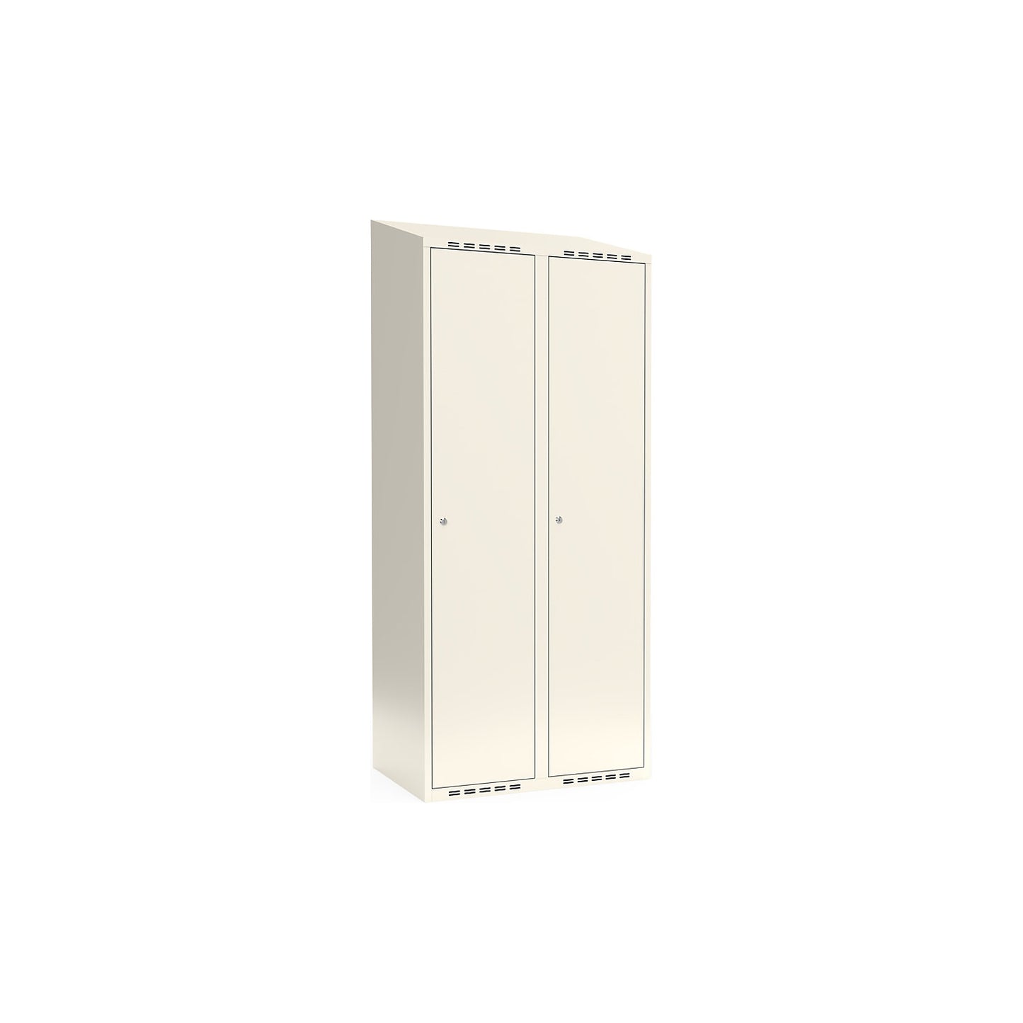 Fydor locker, 2 compartments, white, W 800 mm, sloping roof shape, cylinder lock.