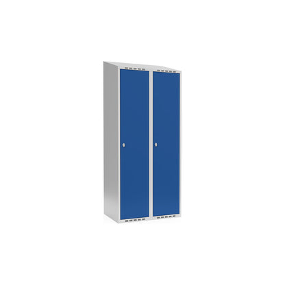 Fydor locker, 2 compartments, light grey / gentian blue, W 800 mm, sloping roof shape, padlock.