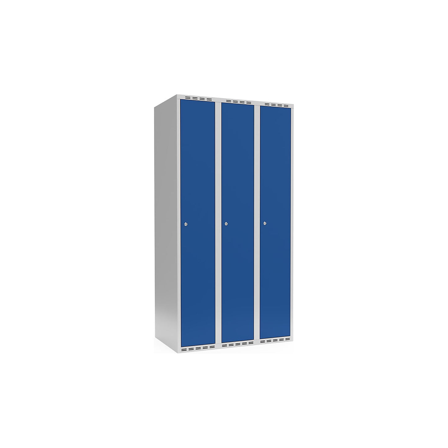 Fydor locker, 3 compartments, light grey / gentian blue, W 900 mm, flat roof shape, cylinder lock.