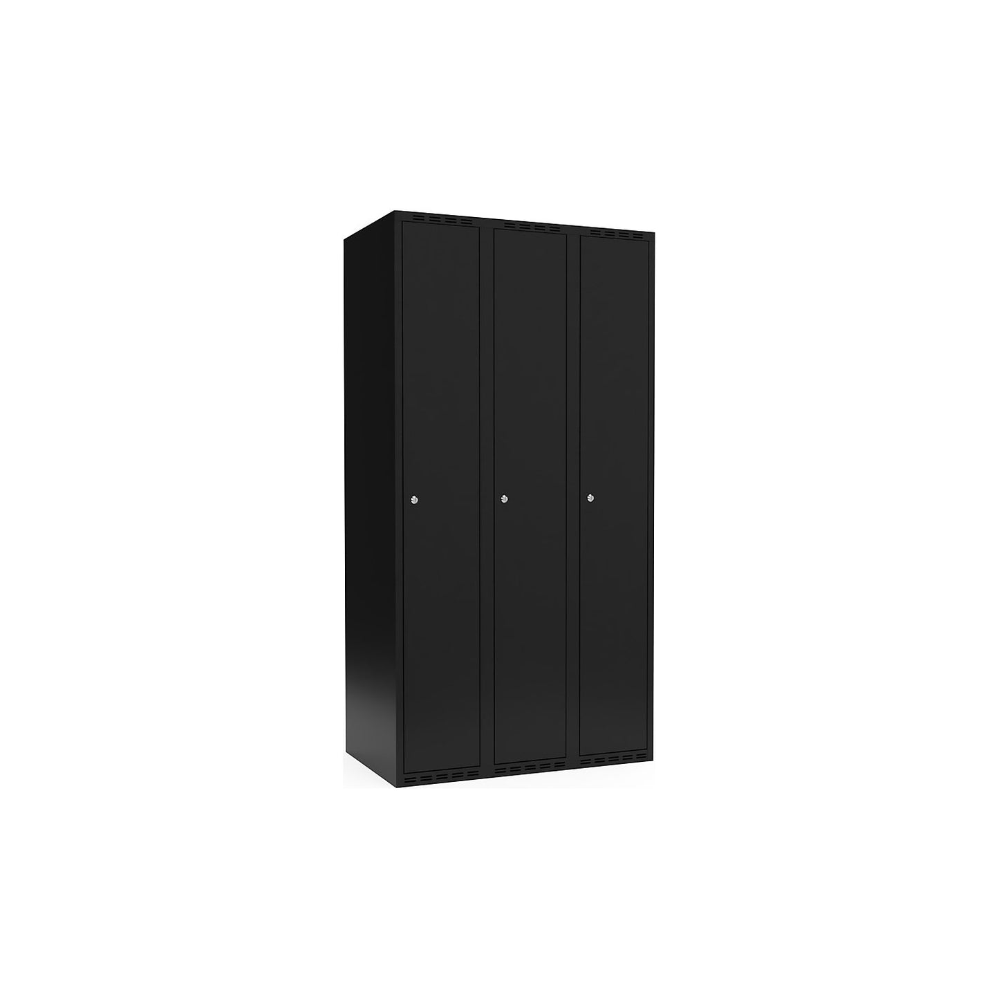 Fydor locker, 3 compartments, black, W 900 mm, flat roof shape, cylinder lock.