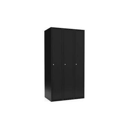 Fydor locker, 3 compartments, black, W 900 mm, flat roof shape, cylinder lock.