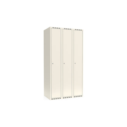 Fydor locker, 3 compartments, white, W 900 mm, flat roof shape, cylinder lock.