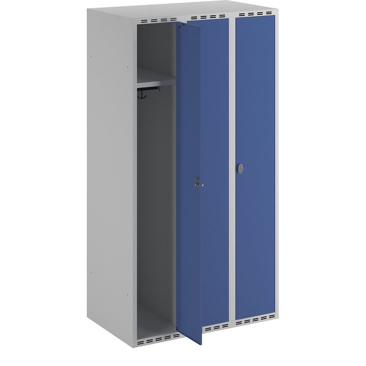 Fydor locker, 3 compartments, light grey / gentian blue, W 900 mm, flat roof shape, padlock.