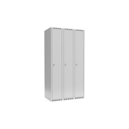 Fydor locker, 3 compartments, light grey, W 900 mm, flat roof shape, padlock.