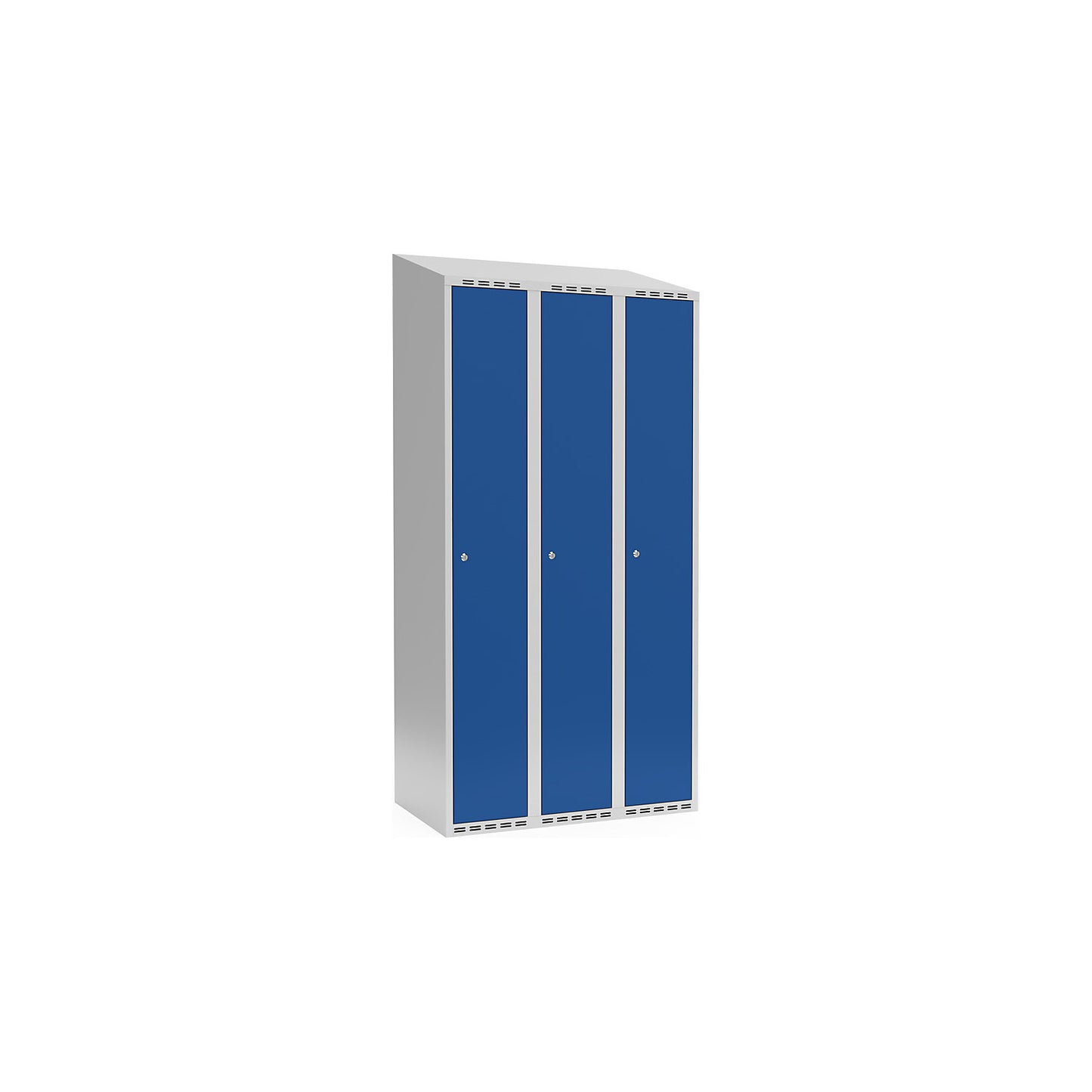 Fydor locker, 3 compartments, light grey / gentian blue, W 900 mm, sloping roof shape, cylinder lock.