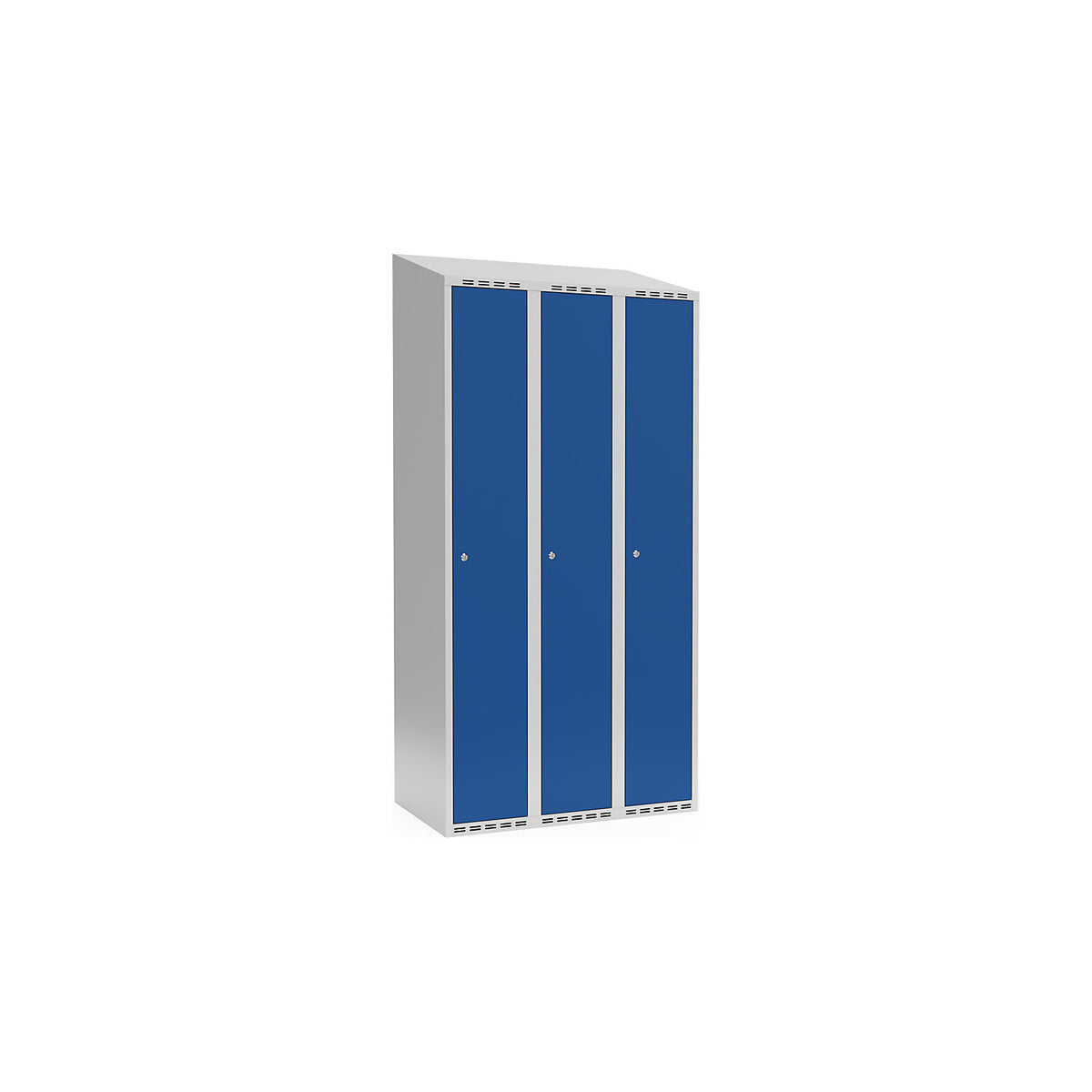 Fydor locker, 3 compartments, light grey / gentian blue, W 900 mm, sloping roof shape, cylinder lock.