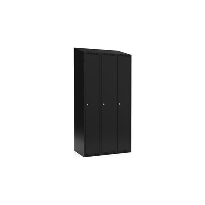 Fydor locker, 3 compartments, black, W 900 mm, sloping roof shape, cylinder lock.