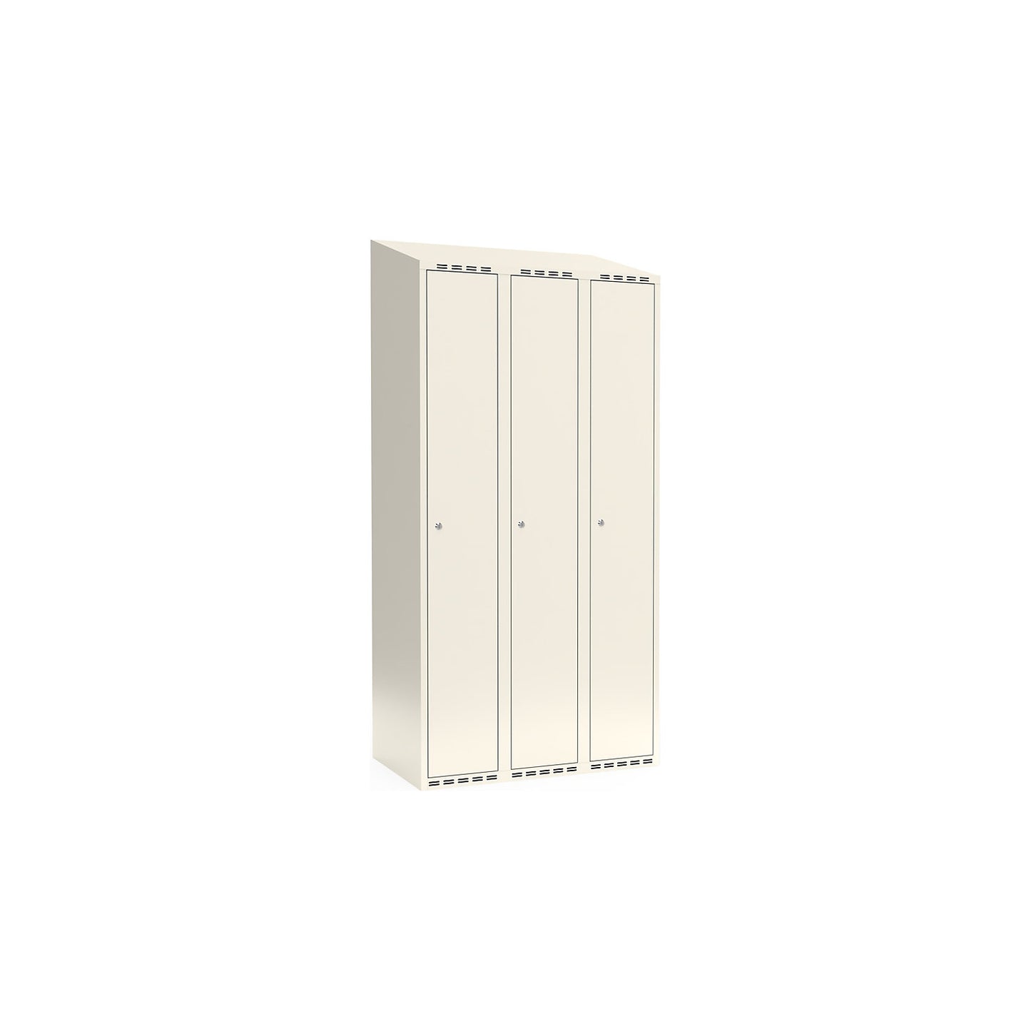 Fydor locker, 3 compartments, white, W 900 mm, sloping roof shape, cylinder lock.