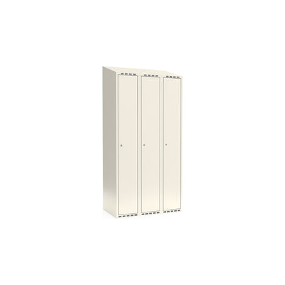 Fydor locker, 3 compartments, white, W 900 mm, sloping roof shape, cylinder lock.