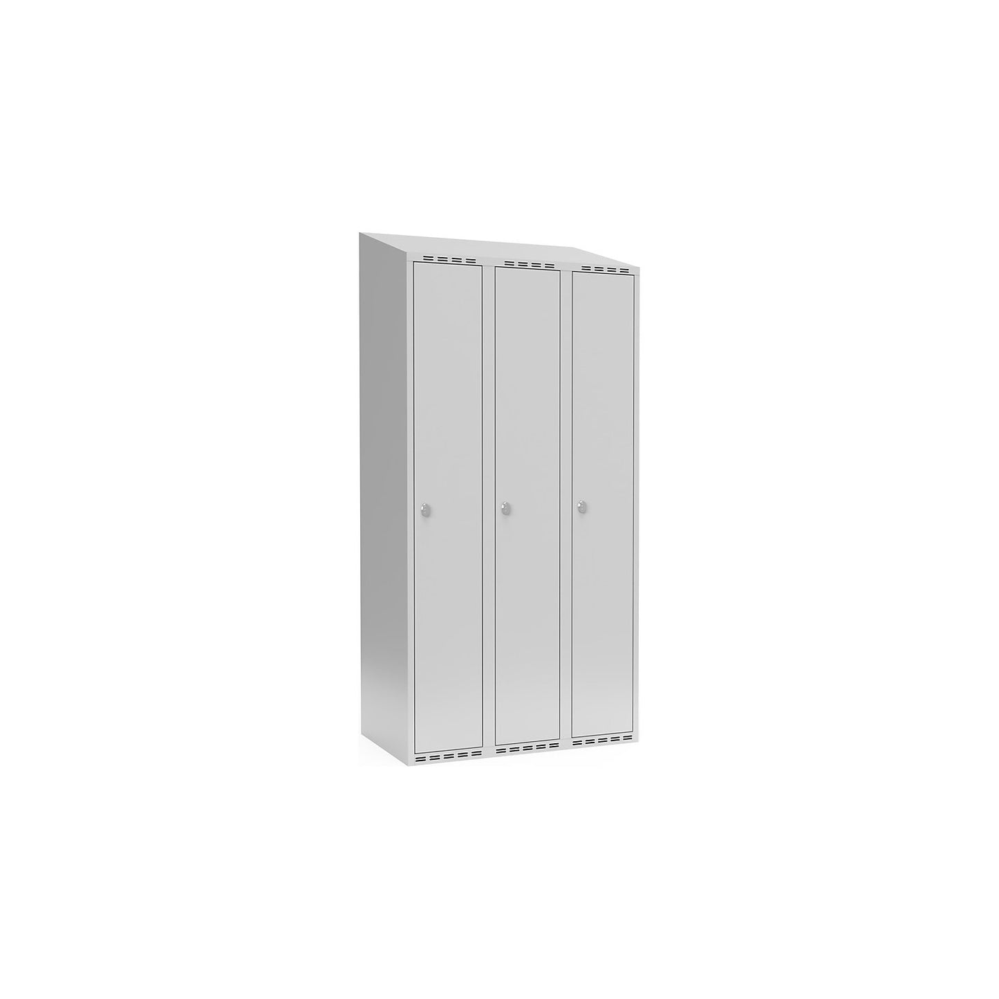 Fydor locker, 3 compartments, light grey, W 900 mm, sloping roof shape, padlock.