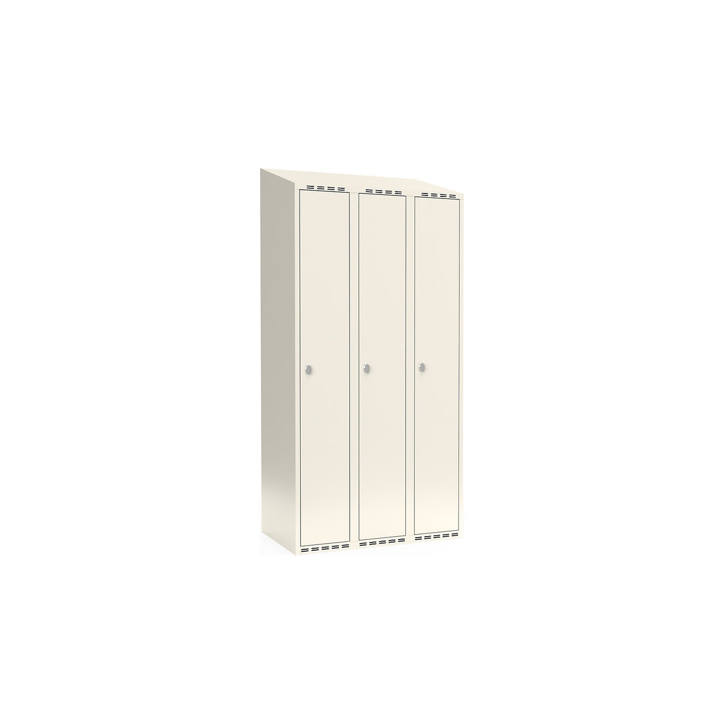 Fydor locker, 3 compartments, white, W 900 mm, sloping roof shape, padlock.