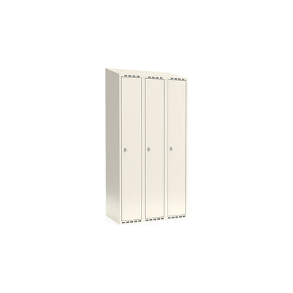Fydor locker, 3 compartments, white, W 900 mm, sloping roof shape, padlock.