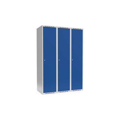 Fydor locker, 3 compartments, light grey / gentian blue, W 1200 mm, flat roof shape, cylinder lock.