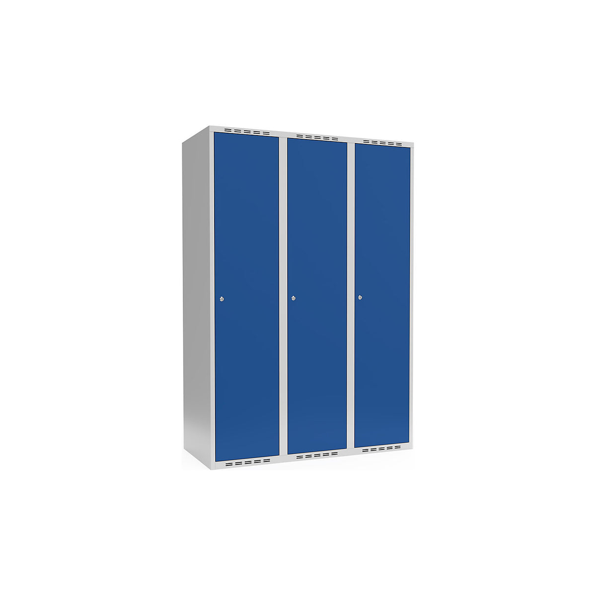 Fydor locker, 3 compartments, light grey / gentian blue, W 1200 mm, flat roof shape, cylinder lock.