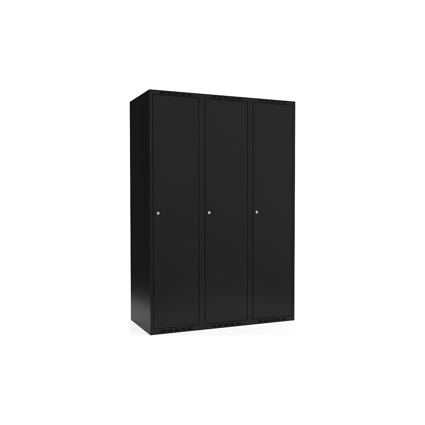 Fydor locker, 3 compartments, black, W 1200 mm, flat roof shape, cylinder lock.
