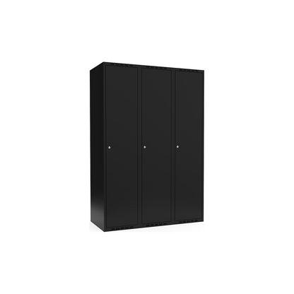 Fydor locker, 3 compartments, black, W 1200 mm, flat roof shape, cylinder lock.