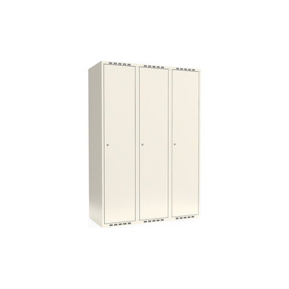 Fydor locker, 3 compartments, white, W 1200 mm, flat roof shape, cylinder lock.