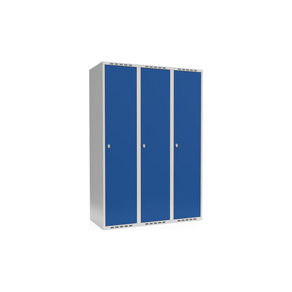 Fydor locker, 3 compartments, light grey / gentian blue, W 1200 mm, flat roof shape, padlock.