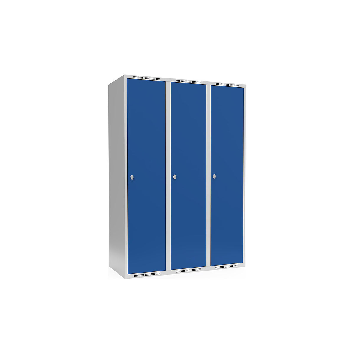 Fydor locker, 3 compartments, light grey / gentian blue, W 1200 mm, flat roof shape, padlock.
