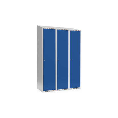 Fydor locker, 3 compartments, light grey / gentian blue, W 1200 mm, sloping roof shape, cylinder lock.