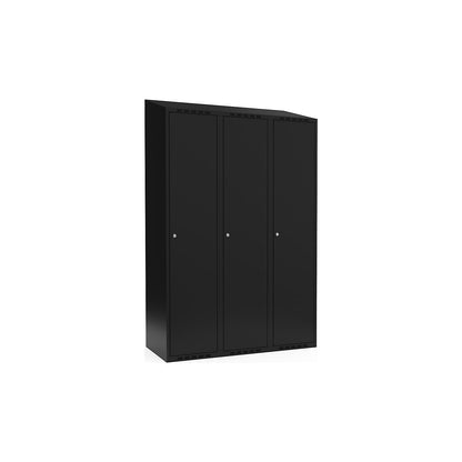 Fydor locker, 3 compartments, black, W 1200 mm, sloping roof shape, cylinder lock.