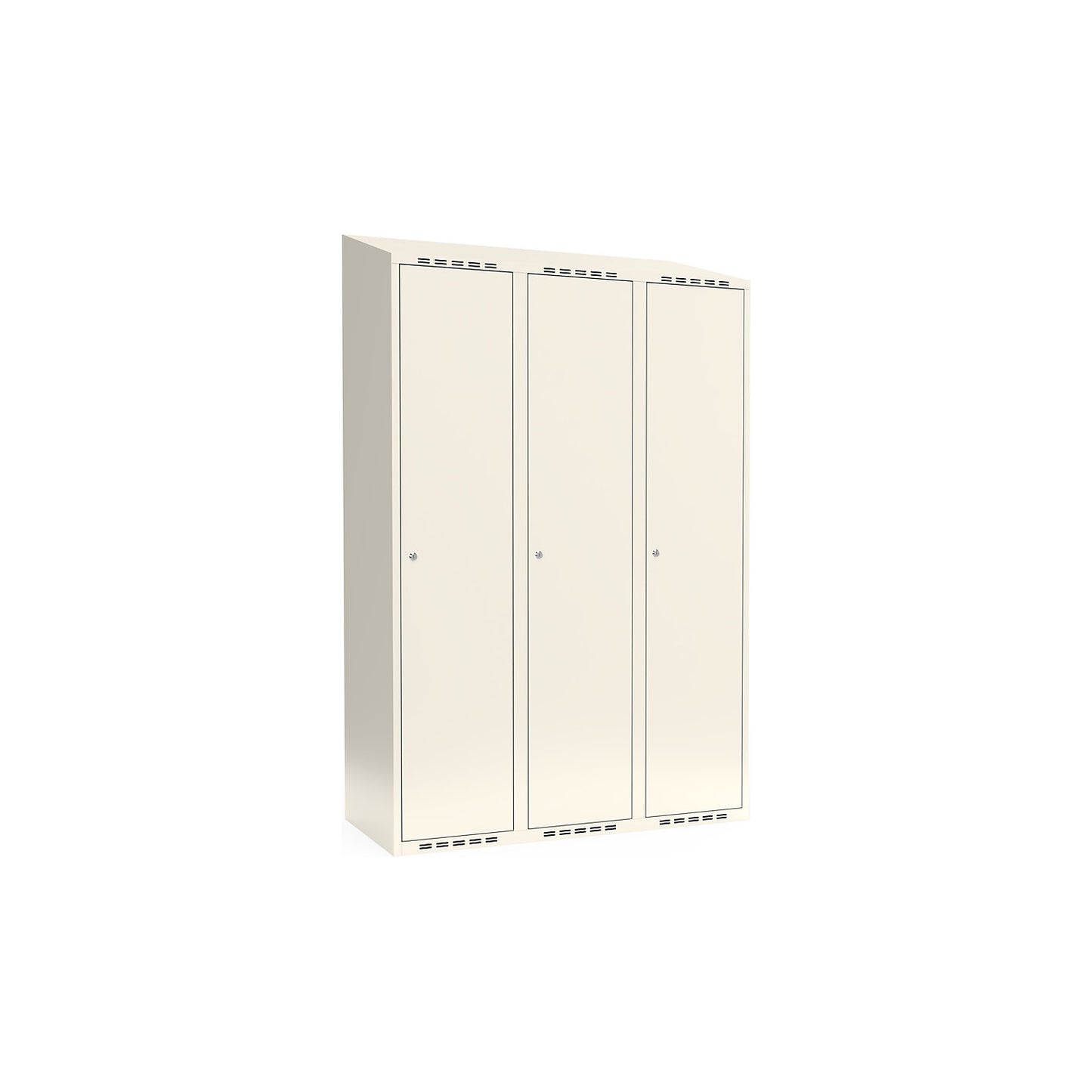 Fydor locker, 3 compartments, white, W 1200 mm, sloping roof shape, cylinder lock.