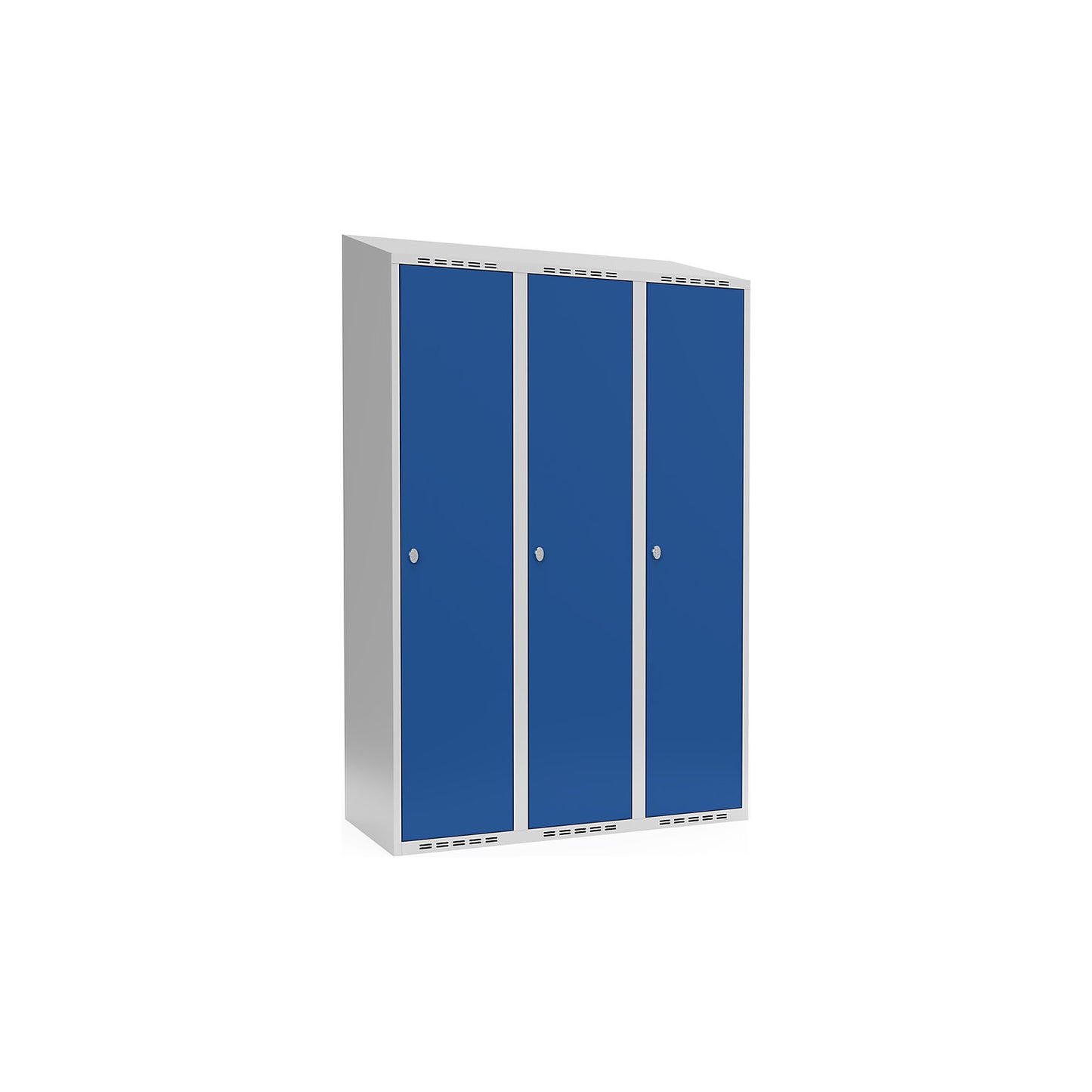 Fydor locker, 3 compartments, light grey / gentian blue, W 1200 mm, sloping roof shape, padlock.