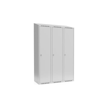 Fydor locker, 3 compartments, light grey, W 1200 mm, sloping roof shape, padlock.