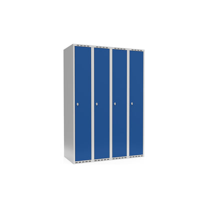 Fydor locker, 4 compartments, light grey / gentian blue, W 1200 mm, flat roof shape, padlock.
