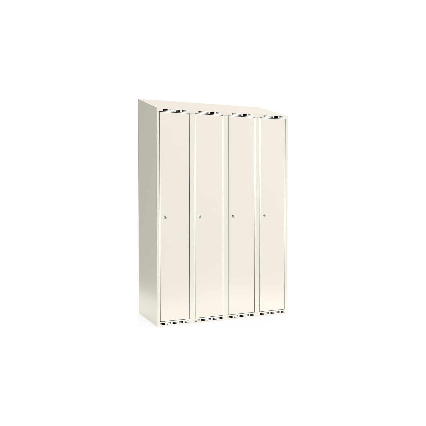 Fydor locker, 4 compartments, white, W 1200 mm, sloping roof shape, cylinder lock.