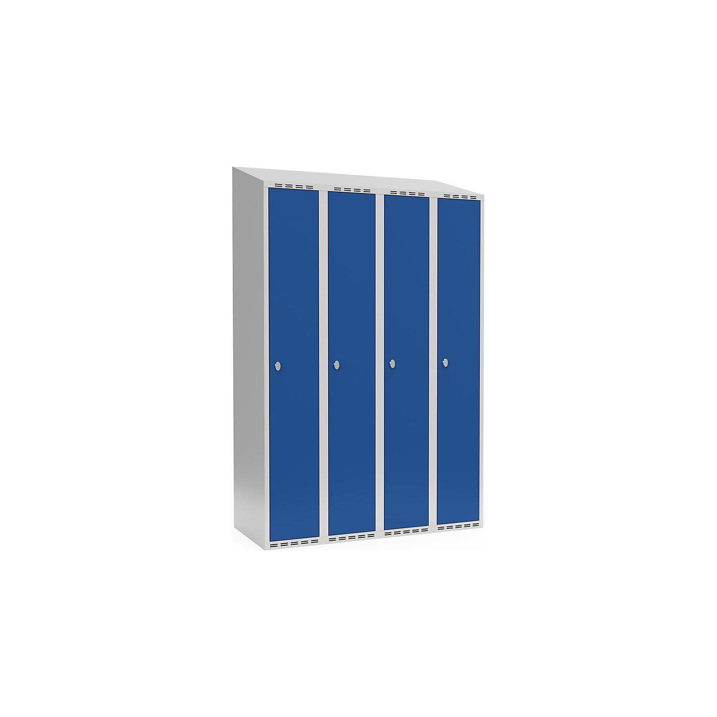 Fydor locker, 4 compartments, light grey / gentian blue, W 1200 mm, sloping roof shape, padlock.