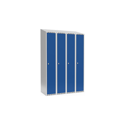 Fydor locker, 4 compartments, light grey / gentian blue, W 1200 mm, sloping roof shape, padlock.