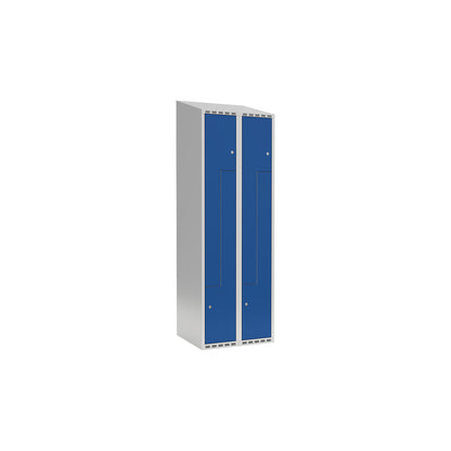 Fydor Z locker, 2 compartments, light grey / gentian blue, W 600 mm, sloping roof shape, cylinder lock.