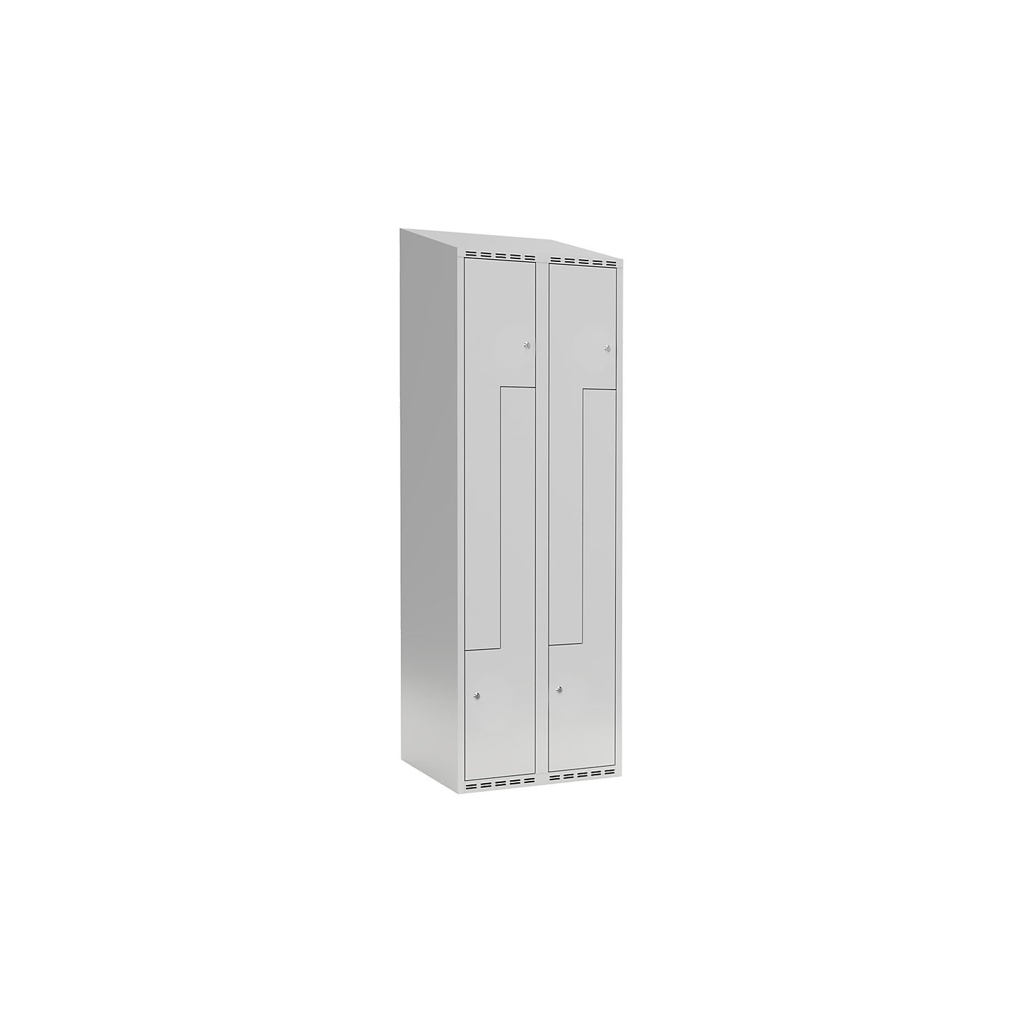 Fydor Z locker, 2 compartments, light grey, W 600 mm, 2 compartments, sloping roof shape, cylinder lock.