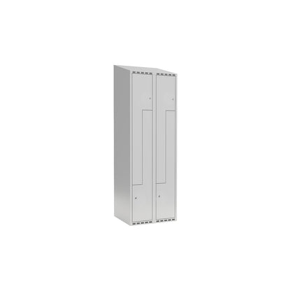 Fydor Z locker, 2 compartments, light grey, W 600 mm, 2 compartments, sloping roof shape, cylinder lock.