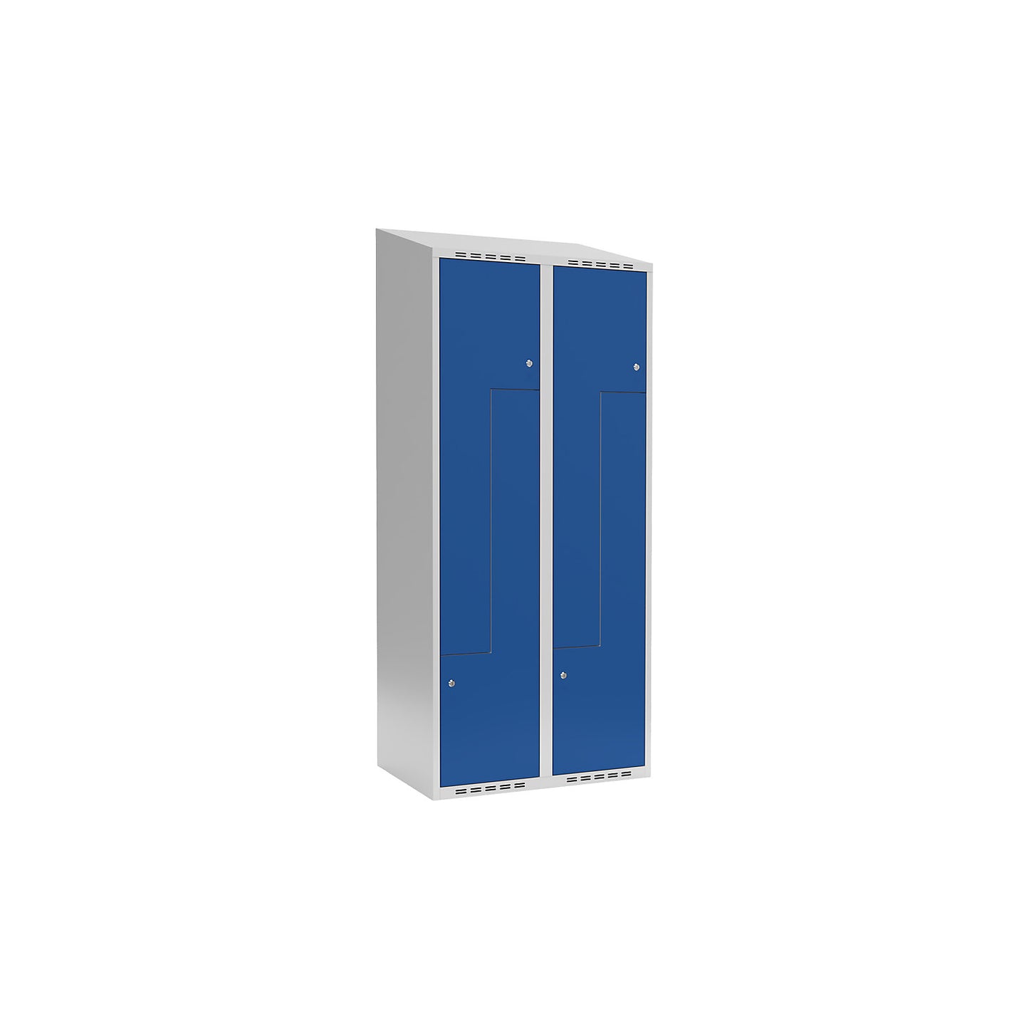 Fydor Z locker, 2 compartments, light grey / gentian blue, W 800 mm, sloping roof shape, cylinder lock.