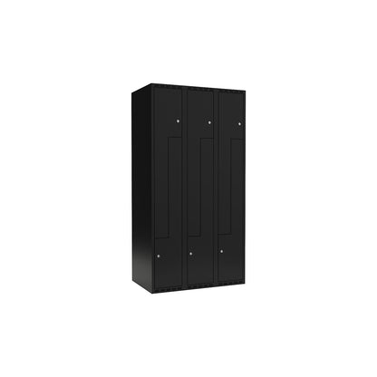 Fydor Z locker, 3 compartments, black, W 900 mm, flat roof shape, cylinder lock.