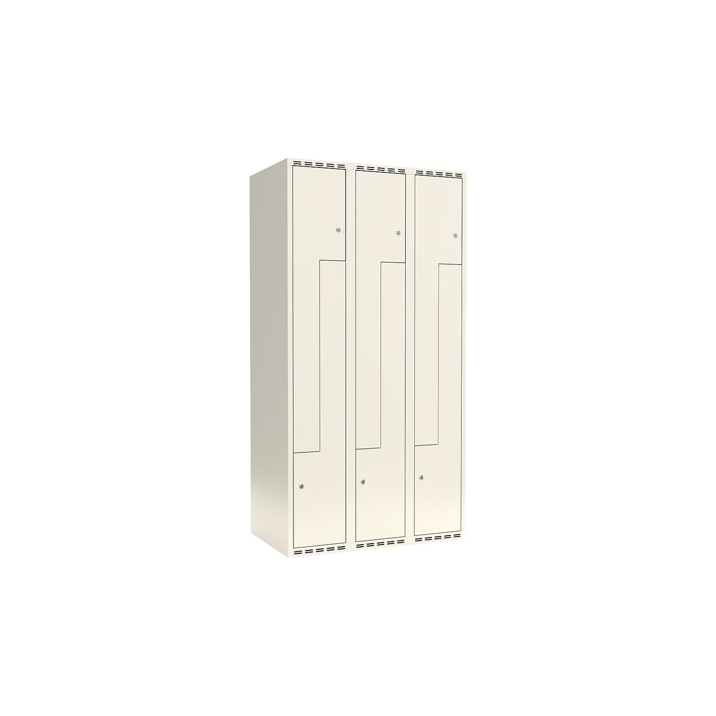 Fydor Z locker, 3 compartments, white, W 900 mm, flat roof shape, cylinder lock.
