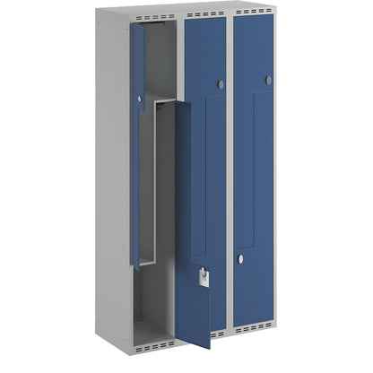 Fydor Z locker, 3 compartments, light grey / gentian blue, W 900 mm, flat roof shape, padlock.