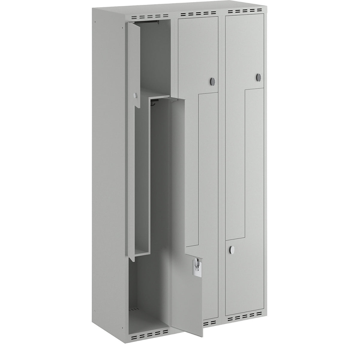 Fydor Z locker, 3 compartments, light grey, W 900 mm, flat roof shape, padlock.