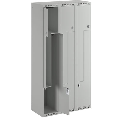 Fydor Z locker, 3 compartments, light grey, W 900 mm, flat roof shape, padlock.