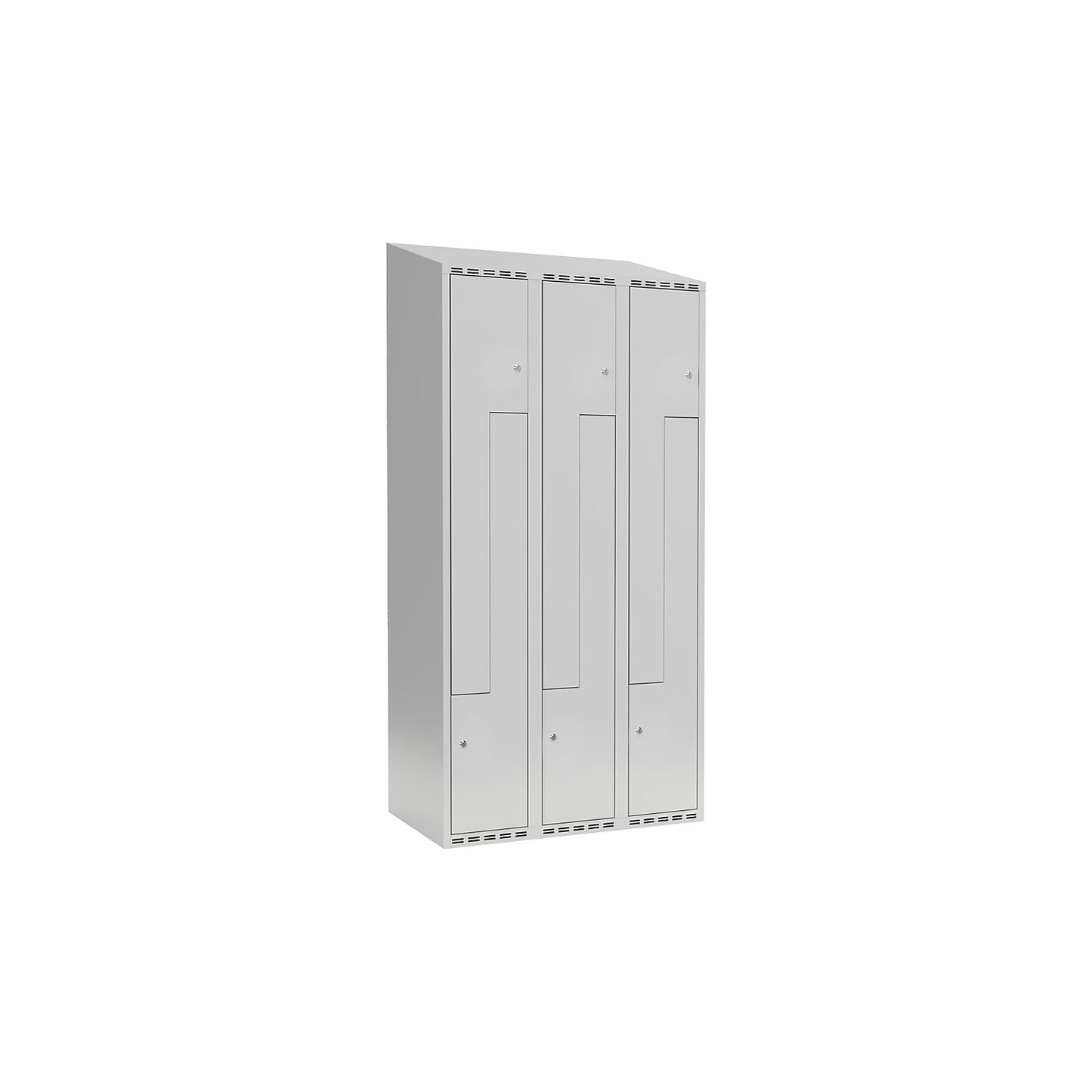 Fydor Z locker, 3 compartments, light grey, W 900 mm, sloping roof shape, cylinder lock.