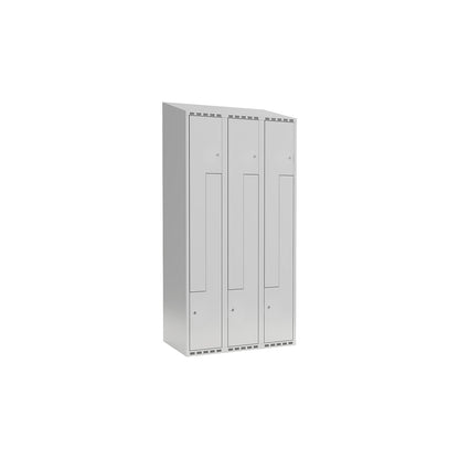 Fydor Z locker, 3 compartments, light grey, W 900 mm, sloping roof shape, cylinder lock.
