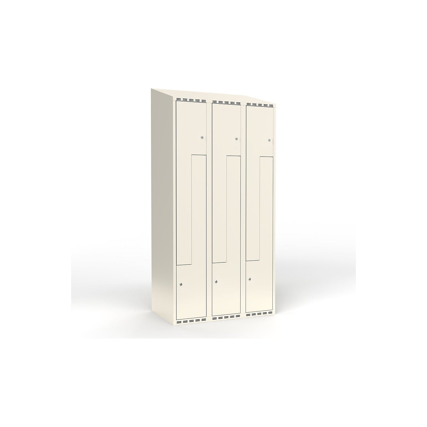 Fydor Z locker, 3 compartments, white, W 900 mm, sloping roof shape, cylinder lock.