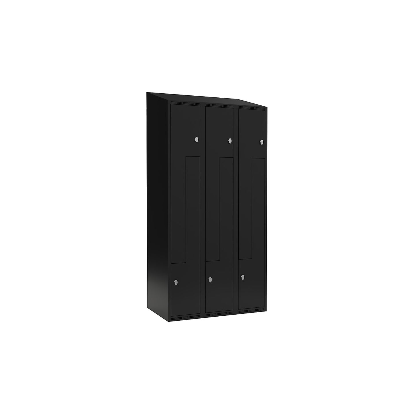 Fydor Z locker, 3 compartments, black, W 900 mm, sloping roof shape, padlock.