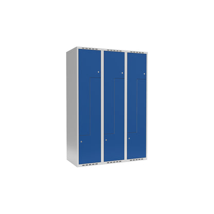 Fydor Z locker, 3 compartments, light grey / gentian blue, W 1200 mm, flat roof shape, cylinder lock.