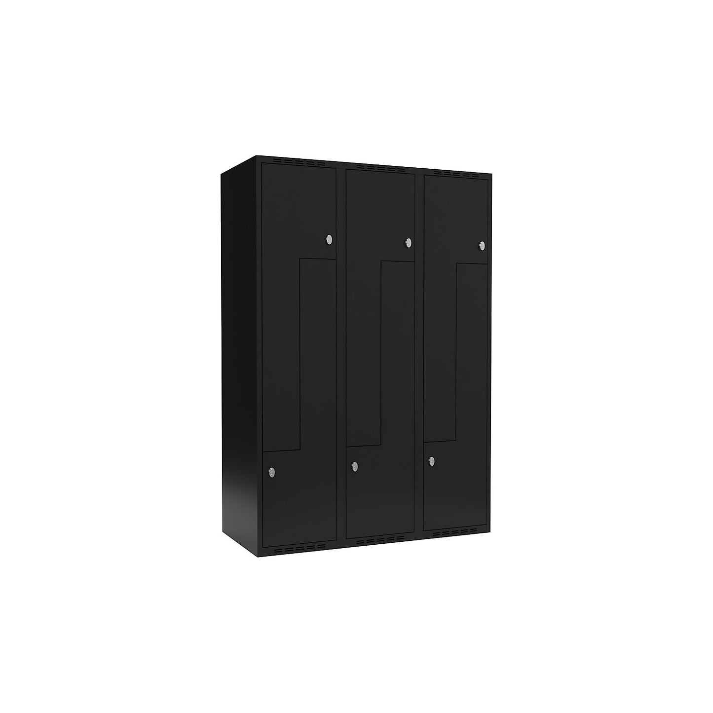 Fydor Z locker, 3 compartments, black, W 1200 mm, flat roof shape, padlock.