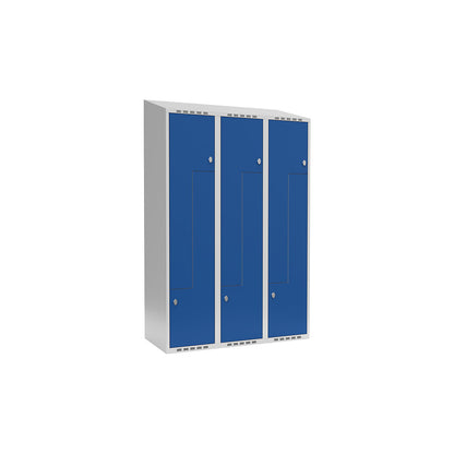 Fydor Z locker, 3 compartments, light grey / gentian blue, W 1200 mm, sloping roof shape, padlock.