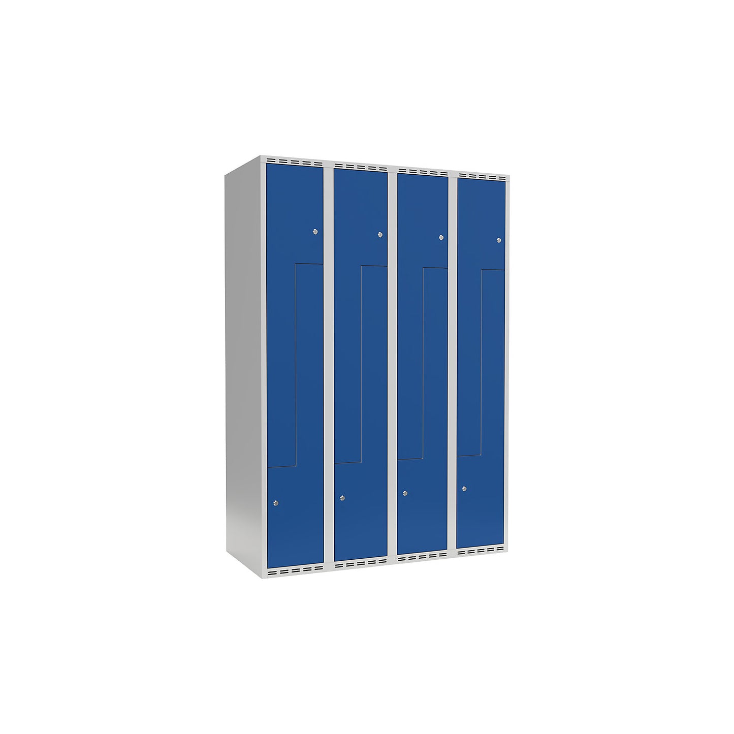 Fydor Z locker, 4 compartments, light grey / gentian blue, W 1200 mm, flat roof shape, cylinder lock.